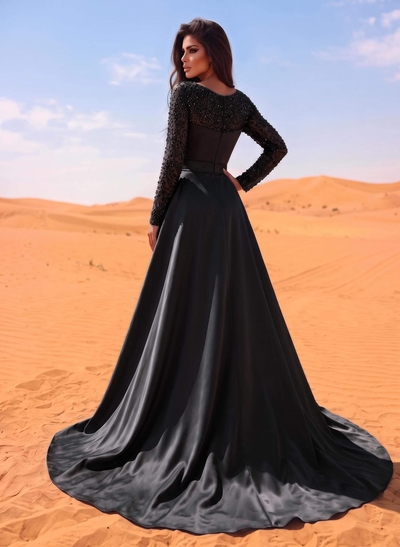 Sheath/Column Square Neckline Long Sleeves Detachable Crepe Satin Evening Dresses With Sequins