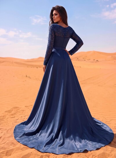 Sheath/Column Square Neckline Long Sleeves Detachable Crepe Satin Evening Dresses With Sequins