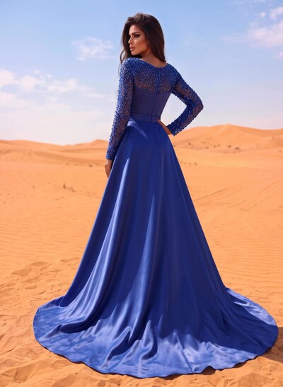 Sheath/Column Square Neckline Long Sleeves Detachable Crepe Satin Evening Dresses With Sequins
