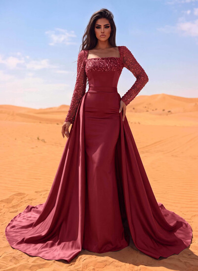 Sheath/Column Square Neckline Long Sleeves Detachable Crepe Satin Evening Dresses With Sequins