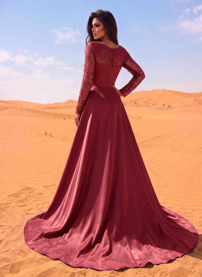 Sheath/Column Square Neckline Long Sleeves Detachable Crepe Satin Evening Dresses With Sequins