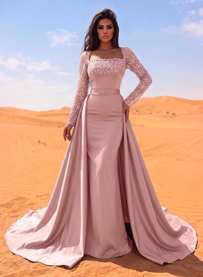 Sheath/Column Square Neckline Long Sleeves Detachable Crepe Satin Evening Dresses With Sequins