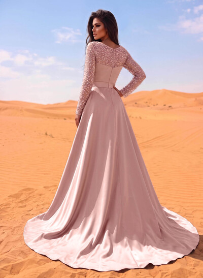 Sheath/Column Square Neckline Long Sleeves Detachable Crepe Satin Evening Dresses With Sequins