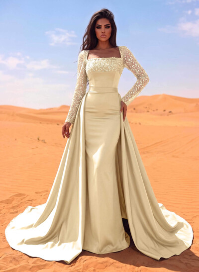 Sheath/Column Square Neckline Long Sleeves Detachable Crepe Satin Evening Dresses With Sequins