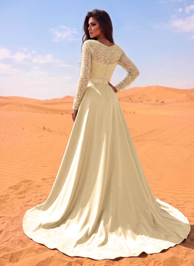 Sheath/Column Square Neckline Long Sleeves Detachable Crepe Satin Evening Dresses With Sequins