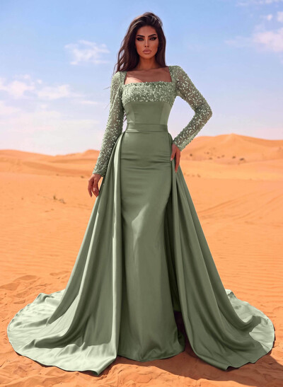 Sheath/Column Square Neckline Long Sleeves Detachable Crepe Satin Evening Dresses With Sequins