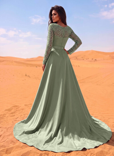 Sheath/Column Square Neckline Long Sleeves Detachable Crepe Satin Evening Dresses With Sequins