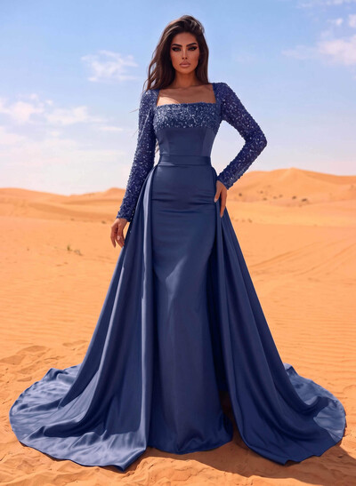 Sheath/Column Square Neckline Long Sleeves Detachable Crepe Satin Evening Dresses With Sequins