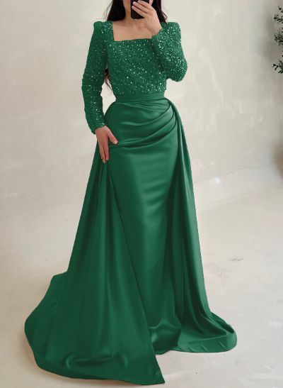 Sheath/Column Square Neckline Detachable Satin/Sequined Evening Dresses