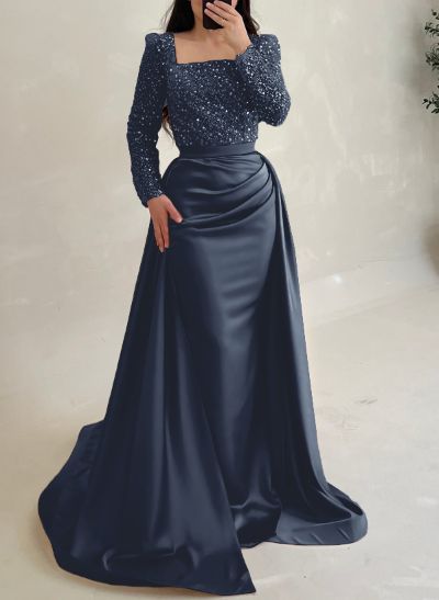 Sheath/Column Square Neckline Detachable Satin/Sequined Evening Dresses