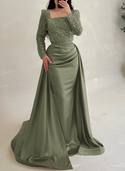 Sheath/Column Square Neckline Detachable Satin/Sequined Evening Dresses