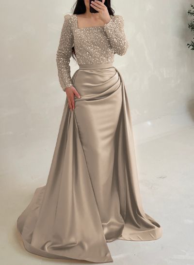Sheath/Column Square Neckline Detachable Satin/Sequined Evening Dresses