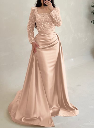 Sheath/Column Square Neckline Detachable Satin/Sequined Evening Dresses