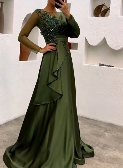 A-Line Illusion Neck Long Sleeves Satin Evening Dresses With Ruffle/Lace/Rhinestone