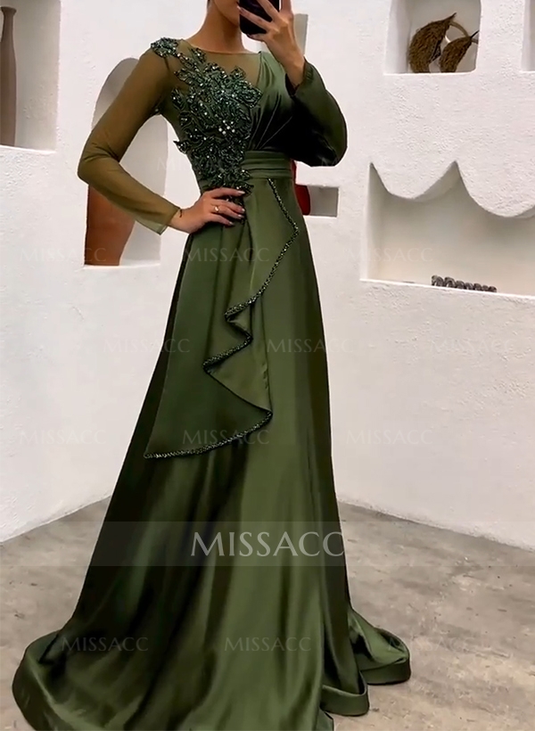 A-Line Illusion Neck Long Sleeves Satin Evening Dresses With Ruffle/Lace/Rhinestone