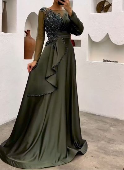 A-Line Illusion Neck Long Sleeves Satin Evening Dresses With Ruffle/Lace/Rhinestone