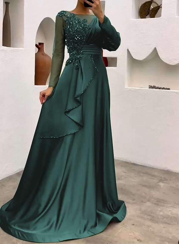 A-Line Illusion Neck Long Sleeves Evening Dresses With Ruffle/Lace/Rhinestone