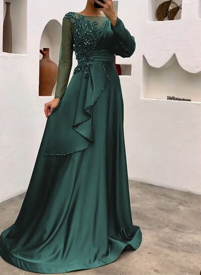 A-Line Illusion Neck Long Sleeves Evening Dresses With Ruffle/Lace/Rhinestone