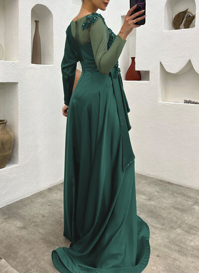 A-Line Illusion Neck Long Sleeves Evening Dresses With Ruffle/Lace/Rhinestone
