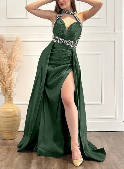 Sheath/Column Halter Sleeveless Silk Like Satin Evening Dresses With High Split