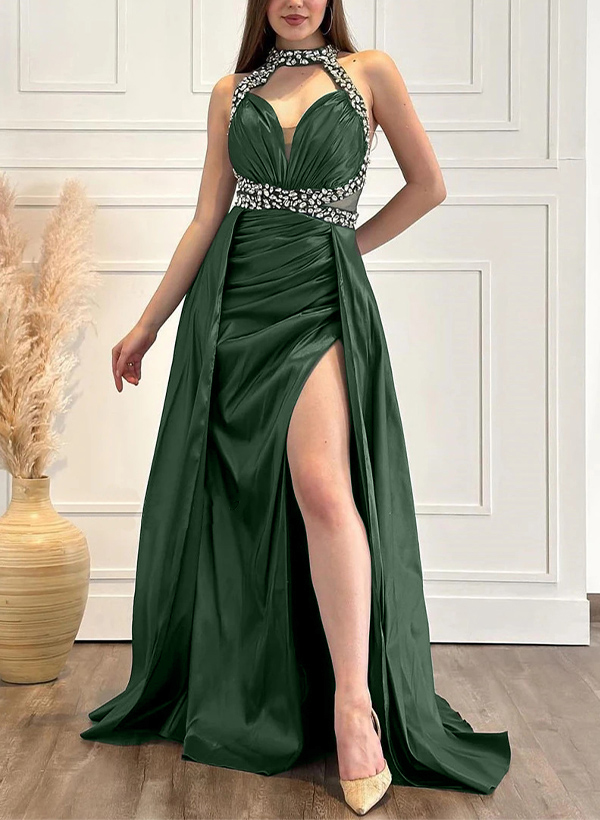 Sheath/Column Halter Sleeveless Silk Like Satin Evening Dresses With High Split