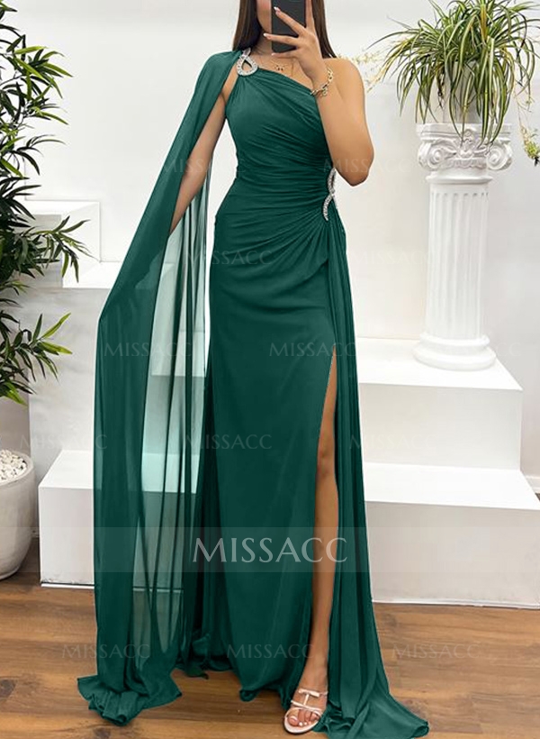 Sheath/Column Sleeveless Chiffon Evening Dresses With Sweeping Side Drape