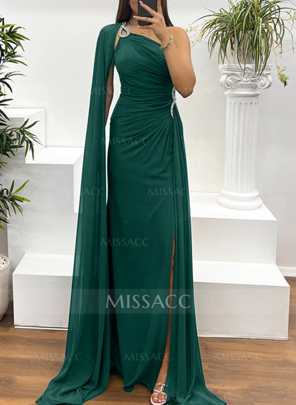 Sheath/Column Sleeveless Chiffon Evening Dresses With Sweeping Side Drape