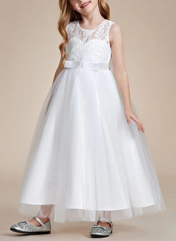 A-Line Illusion Neck Sleeveless Satin/Tulle Flower Girl Dresses With Bow(s)/Lace