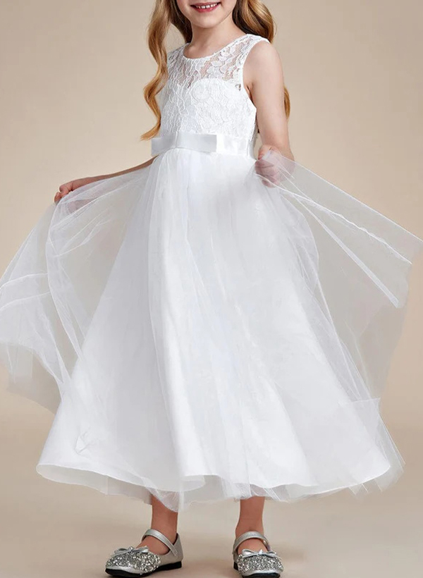 A-Line Illusion Neck Sleeveless Satin/Tulle Flower Girl Dresses With Bow(s)/Lace