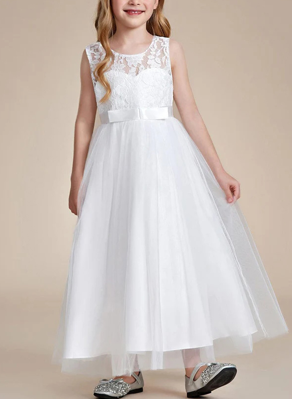 A-Line Illusion Neck Sleeveless Satin/Tulle Flower Girl Dresses With Bow(s)/Lace