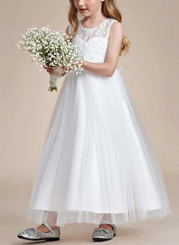 A-Line Illusion Neck Sleeveless Satin/Tulle Flower Girl Dresses With Bow(s)/Lace