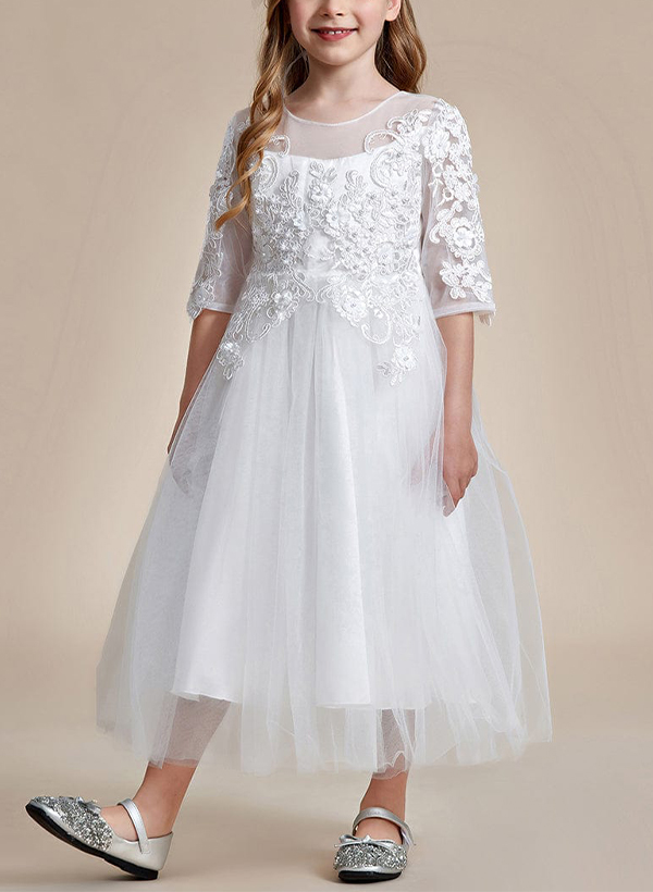 A-Line Illusion Neck 1/2 Sleeves Tulle Flower Girl Dresses With Appliques Lace