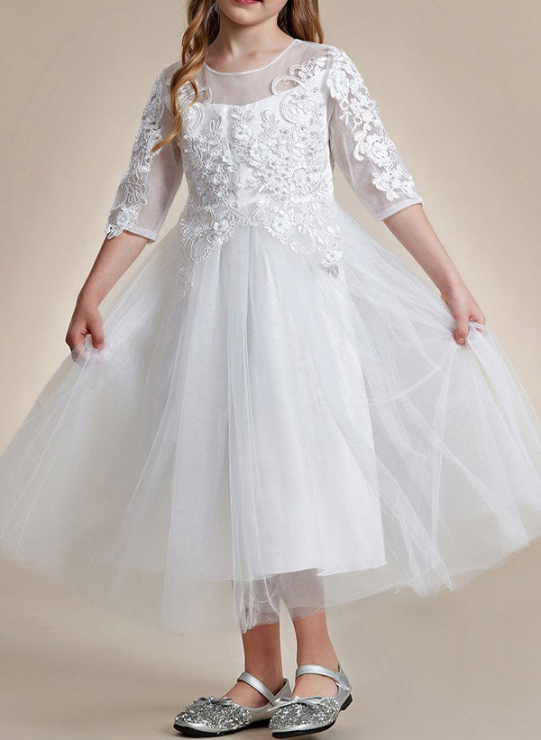 A-Line Illusion Neck 1/2 Sleeves Tulle Flower Girl Dresses With Appliques Lace