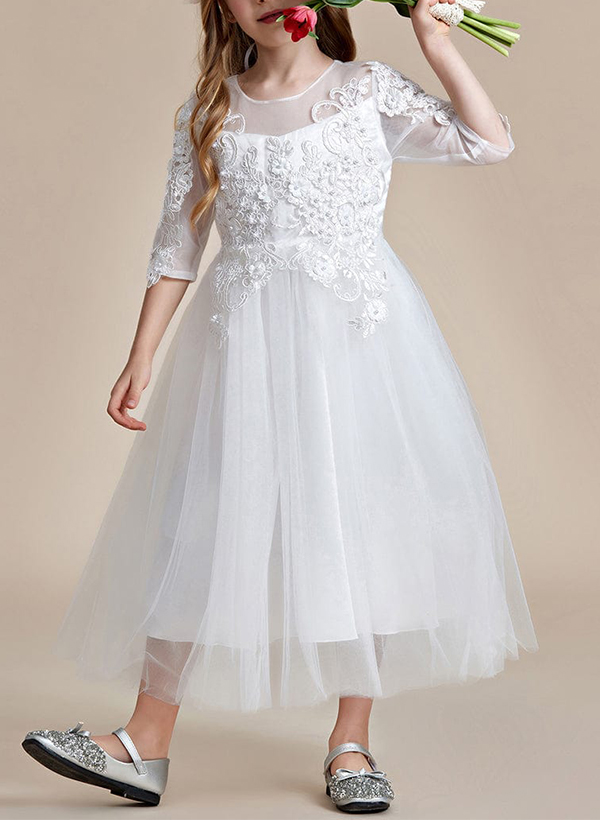 A-Line Illusion Neck 1/2 Sleeves Tulle Flower Girl Dresses With Appliques Lace