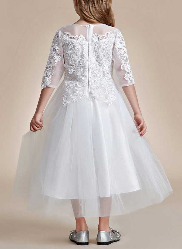 A-Line Illusion Neck 1/2 Sleeves Tulle Flower Girl Dresses With Appliques Lace