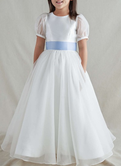 A-Line Scoop Neck Satin/Tulle Flower Girl Dresses With Bow(s)/Back Hole