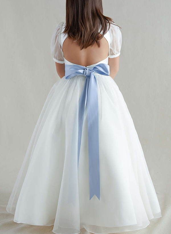 A-Line Scoop Neck Satin/Tulle Flower Girl Dresses With Bow(s)/Back Hole