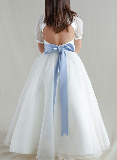 A-Line Scoop Neck Satin/Tulle Flower Girl Dresses With Bow(s)/Back Hole