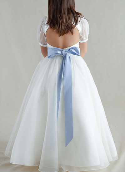 A-Line Scoop Neck Satin/Tulle Flower Girl Dresses With Bow(s)/Back Hole