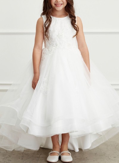 A-Line Scoop Neck Sleeveless Tulle Flower Girl Dresses With Bow(s)