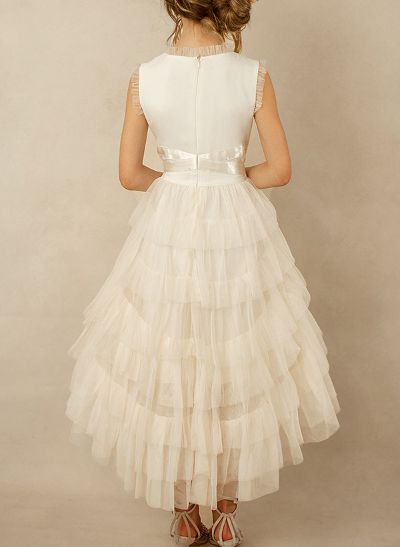 Ball-Gown Scoop Neck Asymmetrical Tulle Flower Girl Dresses With Ruffle