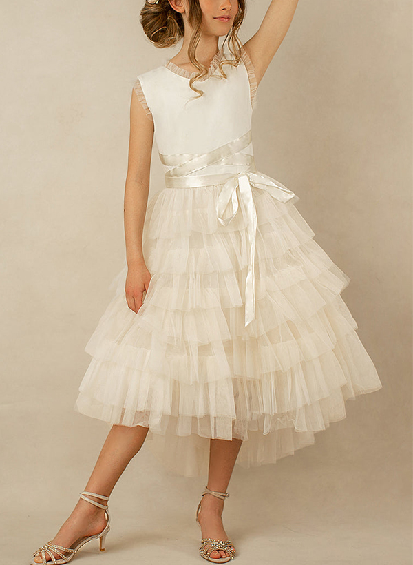 Ball-Gown Scoop Neck Asymmetrical Tulle Flower Girl Dresses With Ruffle