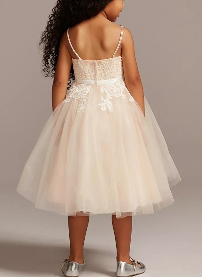 Ball-Gown V-Neck Sleeveless Tulle Flower Girl Dresses With Appliques Lace