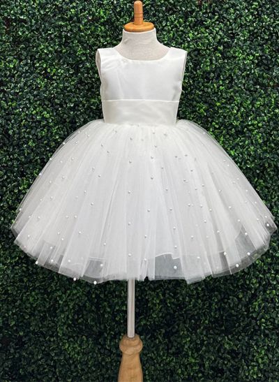 Ball-Gown Scoop Neck Sleeveless Satin/Tulle Flower Girl Dresses With Bow(s)/Beading