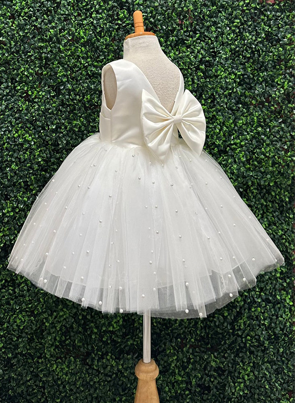 Ball-Gown Scoop Neck Sleeveless Satin/Tulle Flower Girl Dresses With Bow(s)/Beading