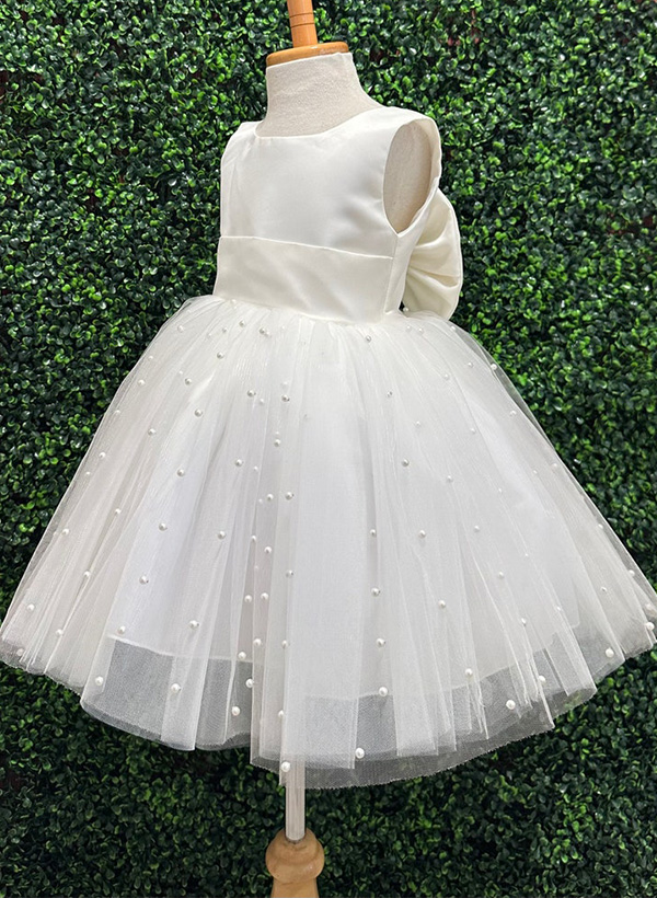 Ball-Gown Scoop Neck Sleeveless Satin/Tulle Flower Girl Dresses With Bow(s)/Beading