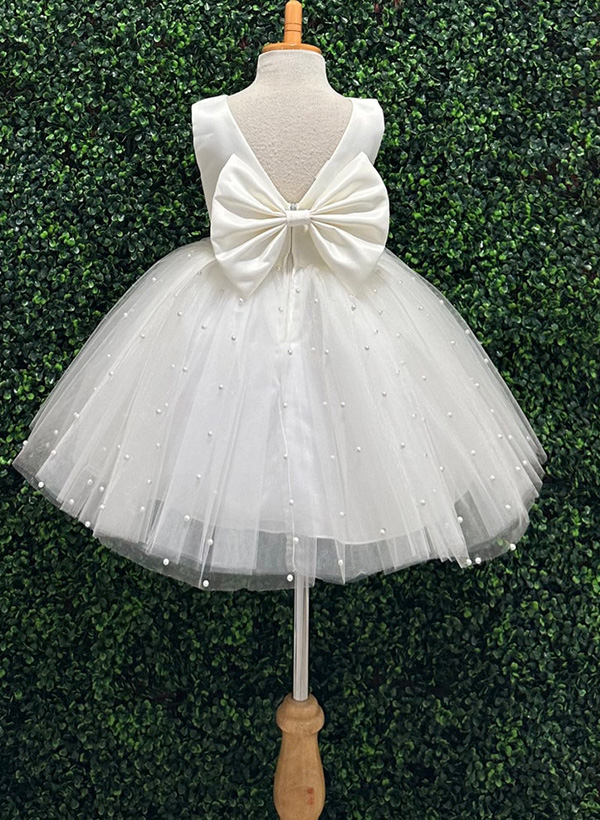 Ball-Gown Scoop Neck Sleeveless Satin/Tulle Flower Girl Dresses With Bow(s)/Beading