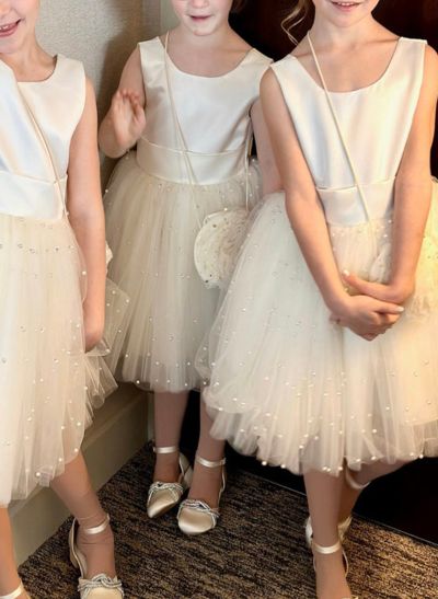 Ball-Gown Scoop Neck Sleeveless Satin/Tulle Flower Girl Dresses With Bow(s)/Beading