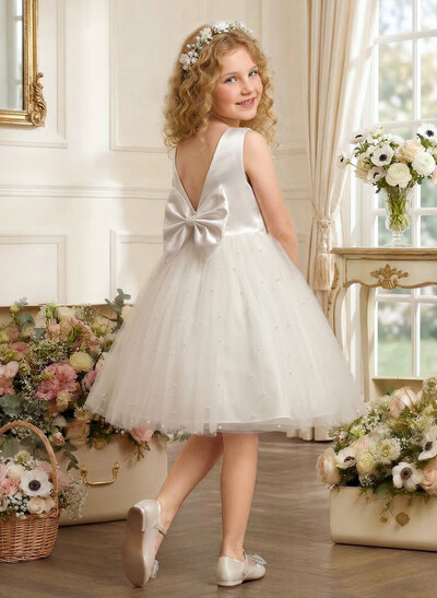 Ball-Gown Scoop Neck Sleeveless Satin/Tulle Flower Girl Dresses With Bow(s)/Beading