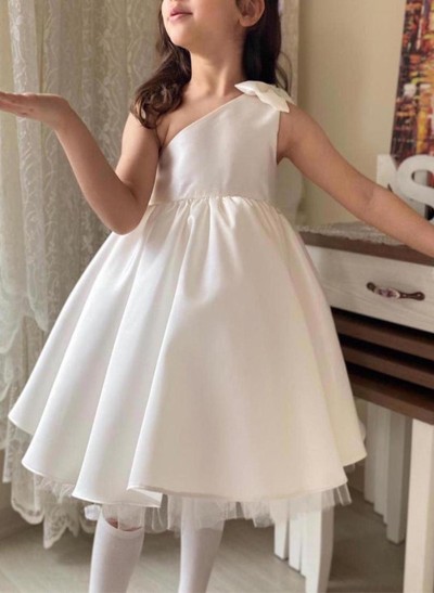 Ball-Gown One-Shoulder Sleeveless Satin Flower Girl Dresses With Bow(s)